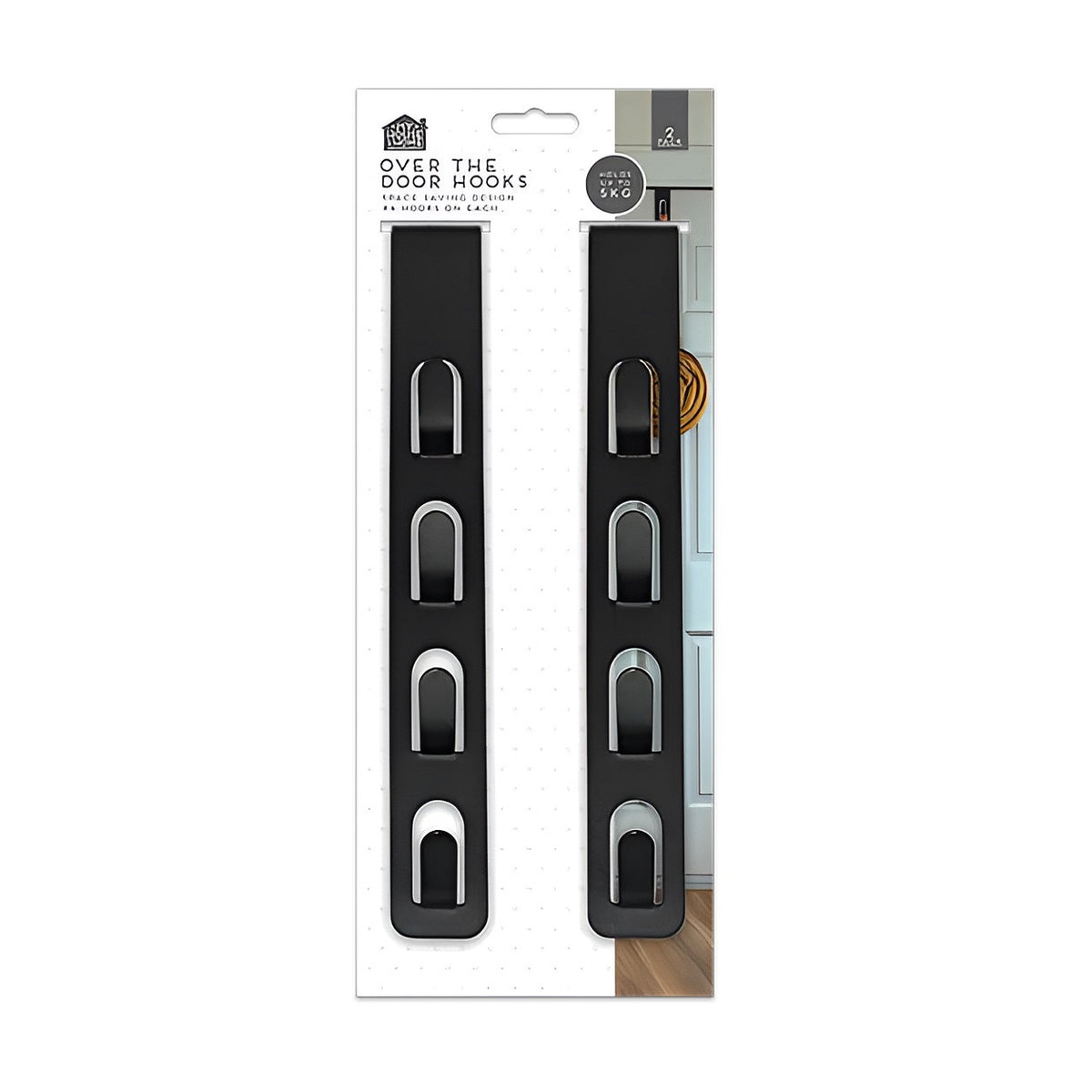 My House and Home Over the Door Hooks Assorted Colours Long Pack of 2 HOM11799OB | Space Saving Design | X4 Hooks on Each | Holds upto 5Kg