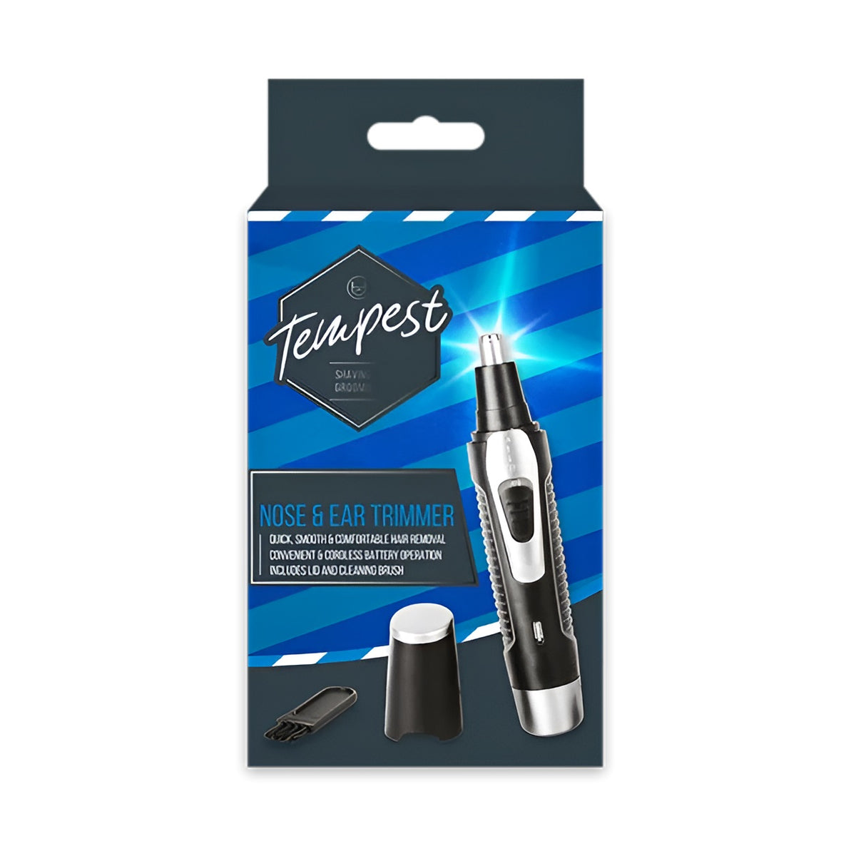 Tempest Nose and Ear Trimmer Black and Silver PER11527OB | Stainless Steel Blade | Quick - Smooth and Comfortable Hair Removal | Convenient and Cordless Battery Operation | Includes Lid and Cleaning Brush