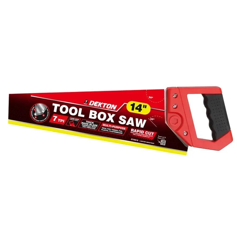 Dekton Tool Box Saw Multicoloured 14-Inch DT45618 | 7 TPI | Sure-Grip Comfort Handle | Thick Rigid Blade Minimises Whip and Vibration | Multipurpose | Rapid Cut