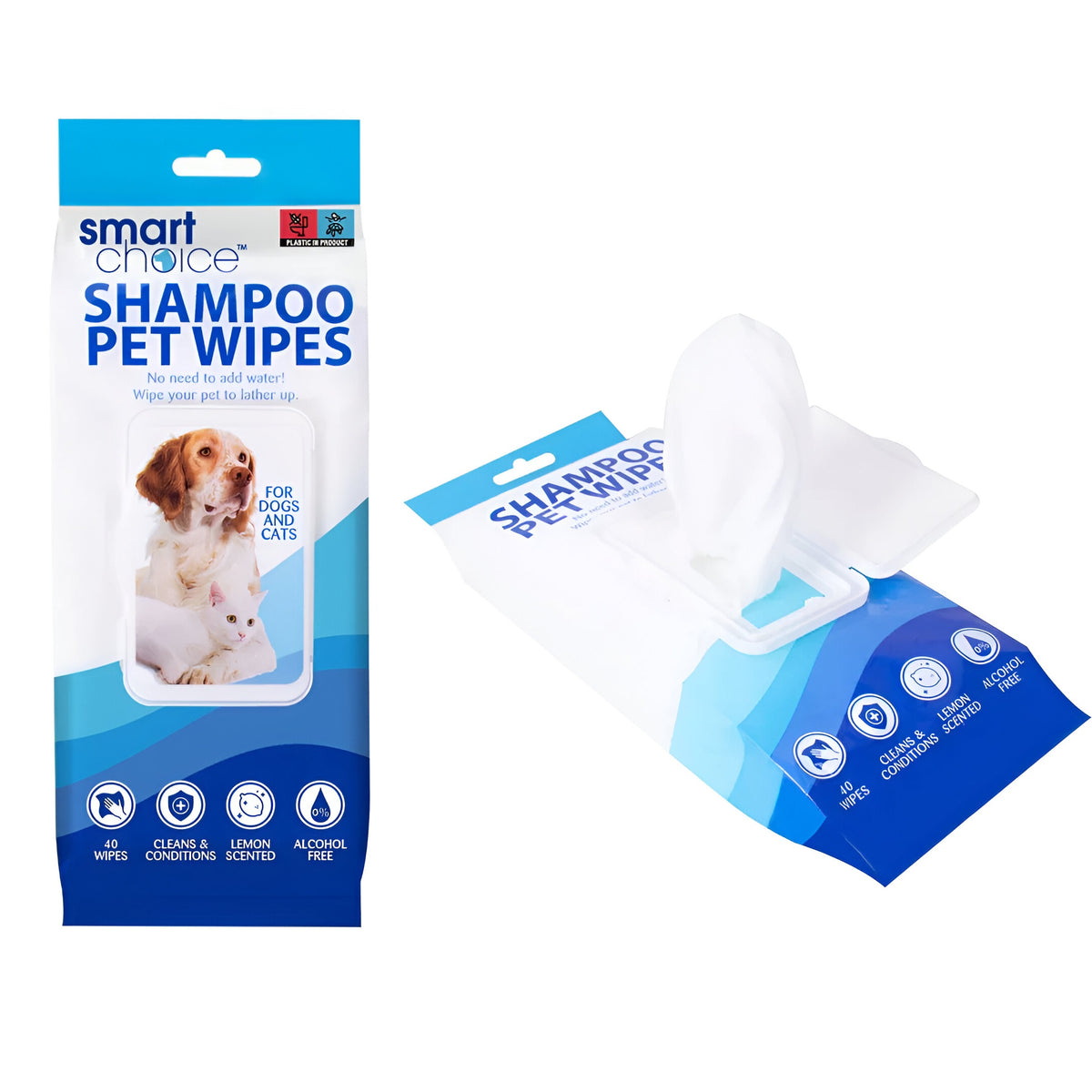 RSW Smart Choice Lemon Scented Pet Shampoo Wipes White Pack of 40 SC1304 | For Cats and Dogs | Cleans and Conditions to Help Maintain a Healthy Coat | Alcohol Free