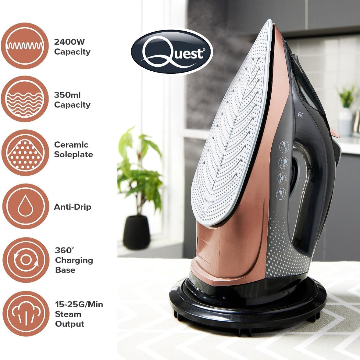 Quest Fast Charge Cordless Steam Iron Multicolour 2400W 34149 | Heats up in 40 Seconds | Variable Ironing Functions | Variable Temperature Control 70 - 220 Degree Celsius | Vertical Steam | Steam Burst | Spray Mist | Ceramic Soleplate | Overheat