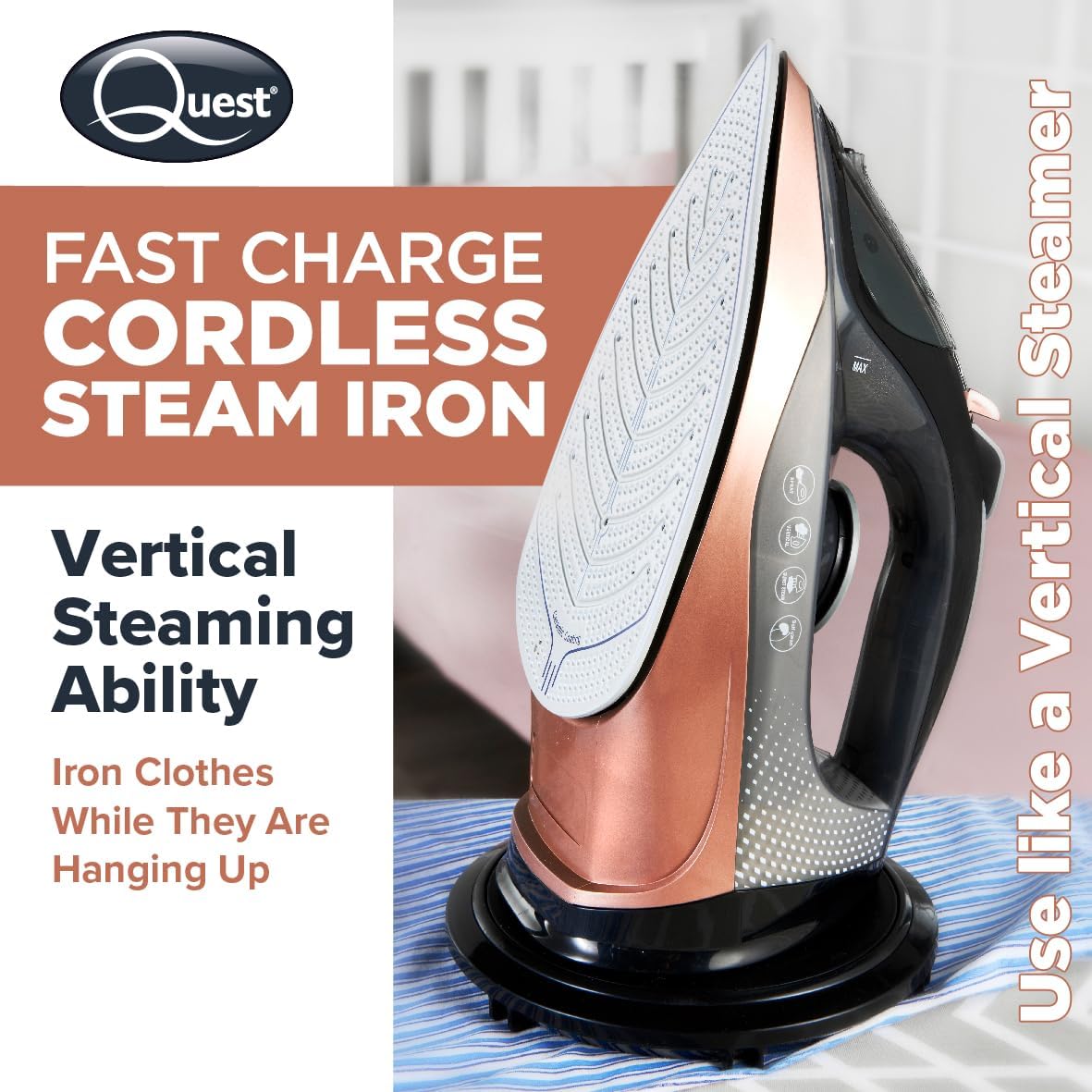 Quest Fast Charge Cordless Steam Iron Multicolour 2400W 34149 | Heats up in 40 Seconds | Variable Ironing Functions | Variable Temperature Control 70 - 220 Degree Celsius | Vertical Steam | Steam Burst | Spray Mist | Ceramic Soleplate | Overheat