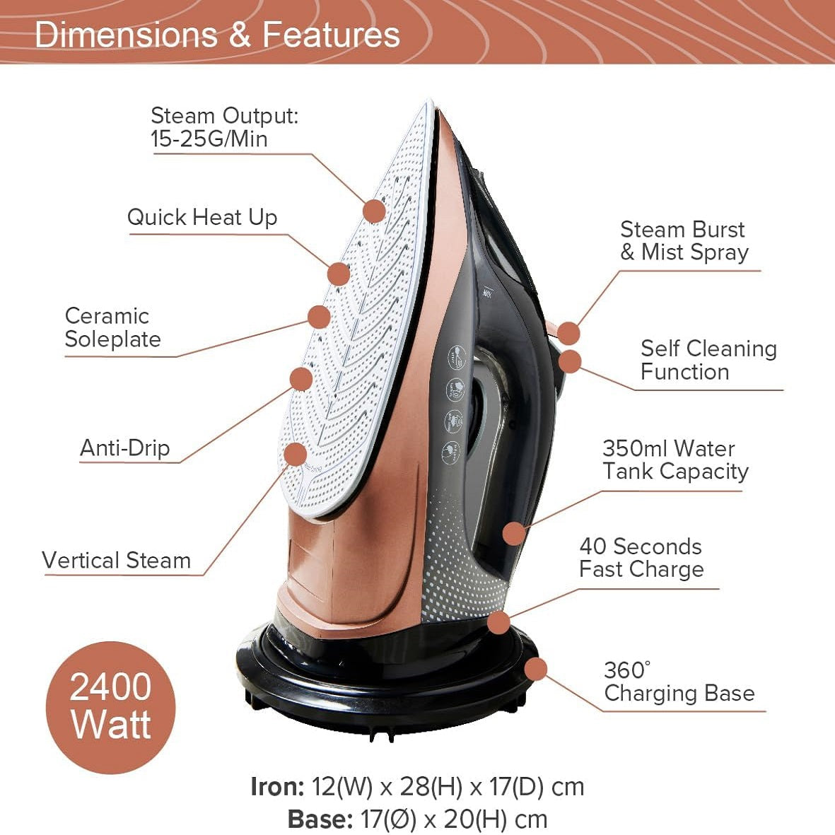 Quest Fast Charge Cordless Steam Iron Multicolour 2400W 34149 | Heats up in 40 Seconds | Variable Ironing Functions | Variable Temperature Control 70 - 220 Degree Celsius | Vertical Steam | Steam Burst | Spray Mist | Ceramic Soleplate | Overheat