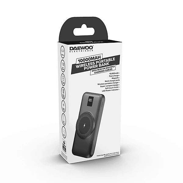 Daewoo Electricals Wireless Portable Power Bank Black ELA1436 | Bulit-In Multiple Charging Cables | Power - 10000mAh | Fast Charging | Magsafe | LED Display | Multi-Port USB and Type C Charger | Super Compact | Soft Touch Design | LED Power Indicator