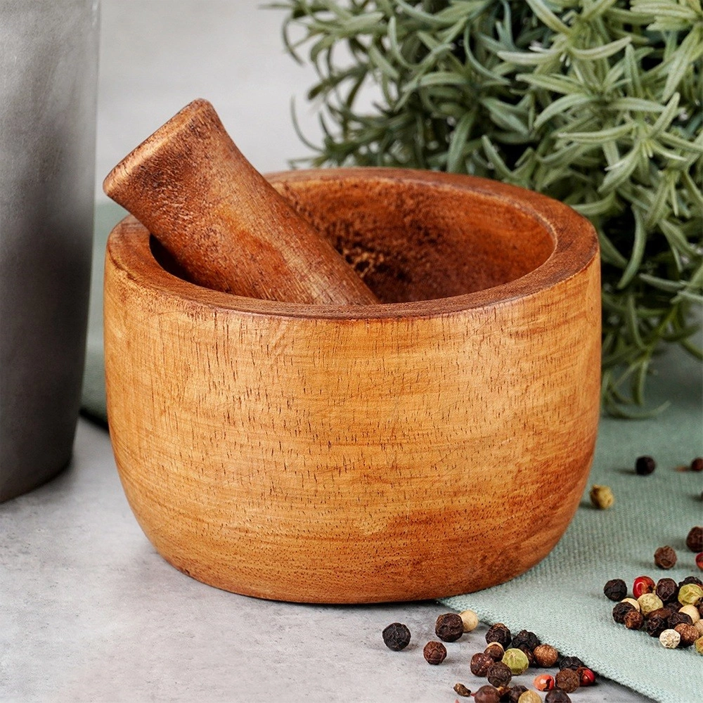 Excellent Houseware Wooden Mortar and Pestle Set Brown 10cm x 6cm A65005520 | Natural Mango Wood | Ideal for Grinding Herbs and Spices