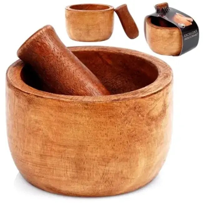Excellent Houseware Wooden Mortar and Pestle Set Brown 10cm x 6cm A65005520 | Natural Mango Wood | Ideal for Grinding Herbs and Spices