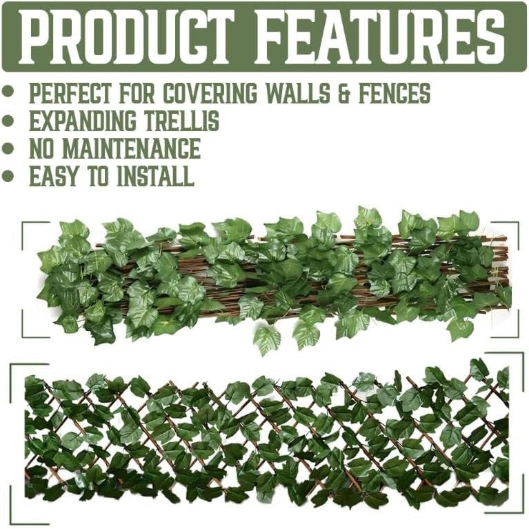Rowan Expanding Artificial Ivy Leaf Trellis Green 180cm x 30cm GAR11716OB | UV Protected | Attached to an Expandable Willow Trellis| Maintenance-Free Home Decor | Use Vertically or Horizontally | A Stylish Alternative to Traditional Fencing | Perfect for
