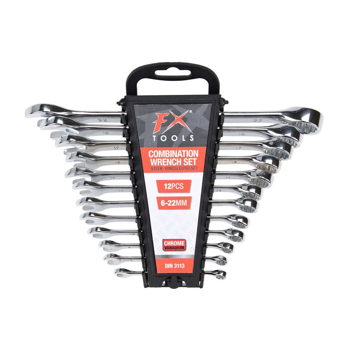 FX Tools Combination Wrench Set 12-Piece Silver A41000110 | Chrome Vanadium Spanners 6mmâ€“22mm | Metric Ring and Open-End Tools | Heavy-Duty with Storage Rack