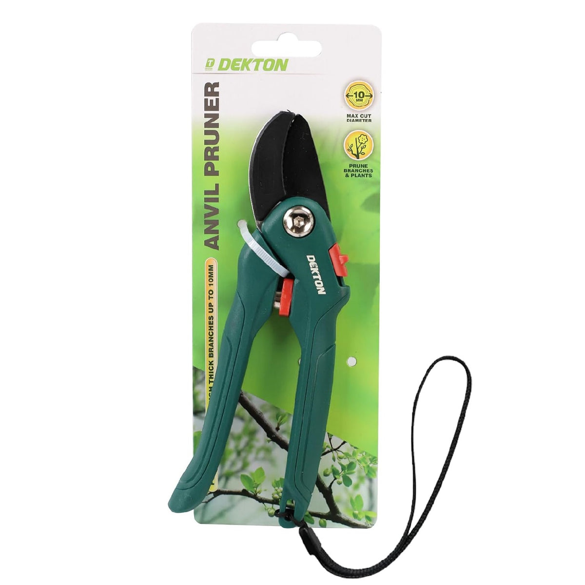 Dekton Anvil Pruner Dark Green 10mm DTG5020 | Prune Branches and Plants | Cut Through Thick Branches upto 10mm | Ideal for Cutting Branches and Fibrous Plants | Ground Carbon Steel Cutting Blade for Enduring Sharpness | Convenient One-Hand Safety Lock for Secure Handling | Comfortable Ergonomic Grip for Ease of Use