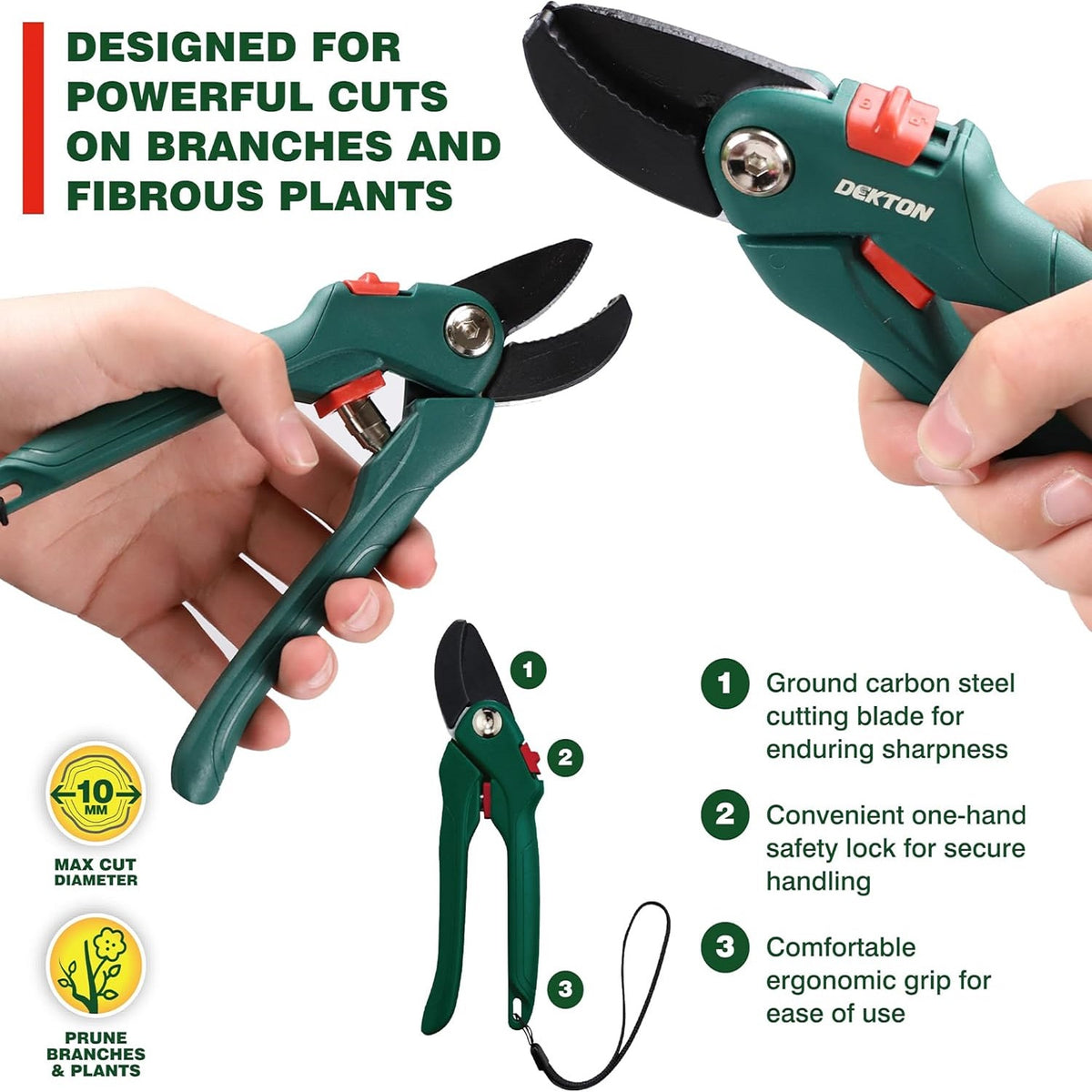 Dekton Anvil Pruner Dark Green 10mm DTG5020 | Prune Branches and Plants | Cut Through Thick Branches upto 10mm | Ideal for Cutting Branches and Fibrous Plants | Ground Carbon Steel Cutting Blade for Enduring Sharpness | Convenient One-Hand Safety Lock