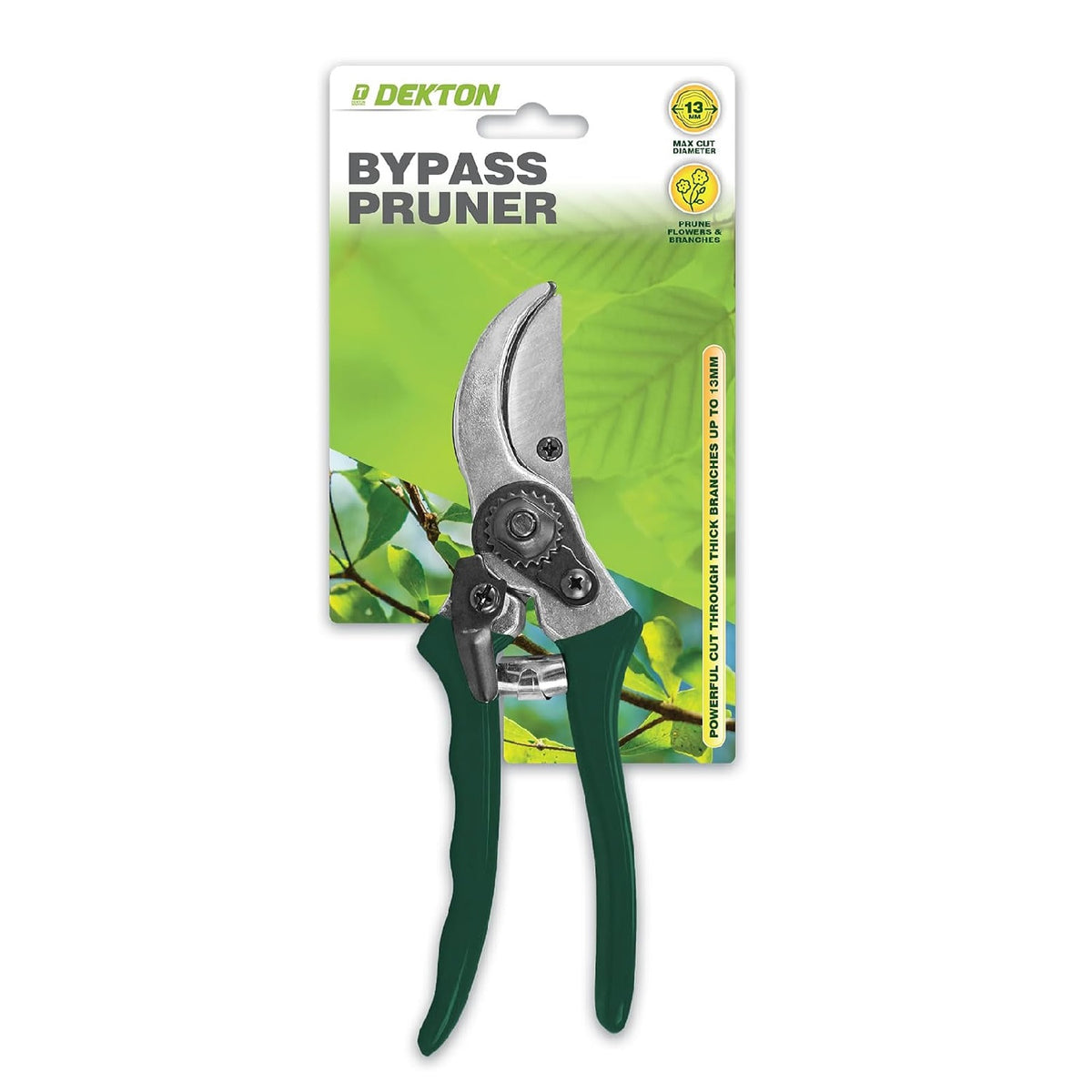 Dekton Bypass Pruner Dark Green 21cm DTG5010 | Prune Flowers and Branches | For a Powerful Cut - Even Through Thick Branches upto 13mm | High Quality Sharpened Carbon Steel Blades | With Safety Catch and Volute Spring | Comfortable Ergonomic Grip for Ease of Use