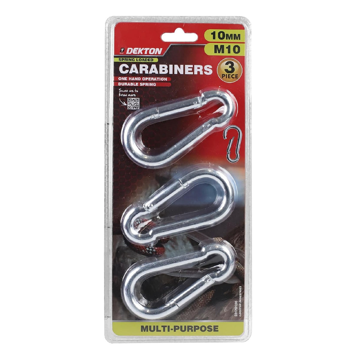 Dekton Spring Loaded Carabiners Silver Extra Large 10mm Pack of 3 DH70100 | One Hand Operation | Durable Spring | Multi-Purpose | High Strength Steel Construction | Spring Shut Ensures a Safe Connection | Durable and Rust Resistant Stainless Steel