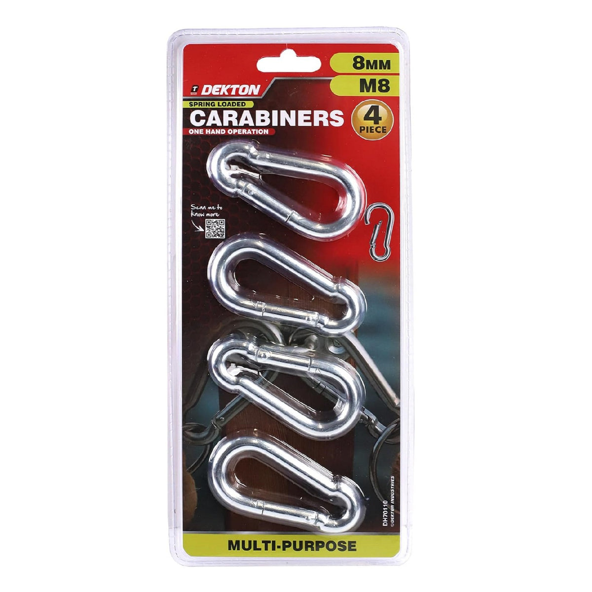 Dekton Spring Loaded Carabiners Silver Large 8mm Pack of 4 DH70110 | One Hand Operation | Durable Spring | Multi-Purpose | High Strength Steel Construction | Spring Shut Ensures a Safe Connection | Durable and Rust Resistant Stainless Steel