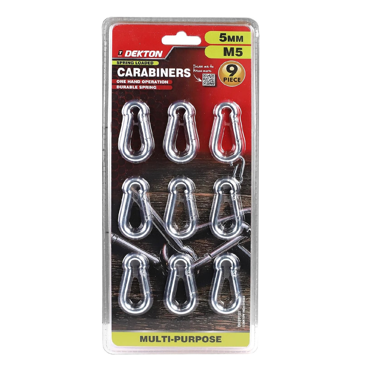Dekton Spring Loaded Carabiners Silver Medium 5mm Pack of 9 DH70120 | One Hand Operation | Durable Spring | Multi-Purpose | High Strength Steel Construction | Spring Shut Ensures a Safe Connection | Durable and Rust Resistant Stainless Steel