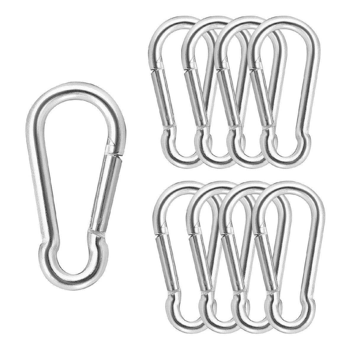 Dekton Spring Loaded Carabiners Silver Medium 5mm Pack of 9 DH70120 | One Hand Operation | Durable Spring | Multi-Purpose | High Strength Steel Construction | Spring Shut Ensures a Safe Connection | Durable and Rust Resistant Stainless Steel
