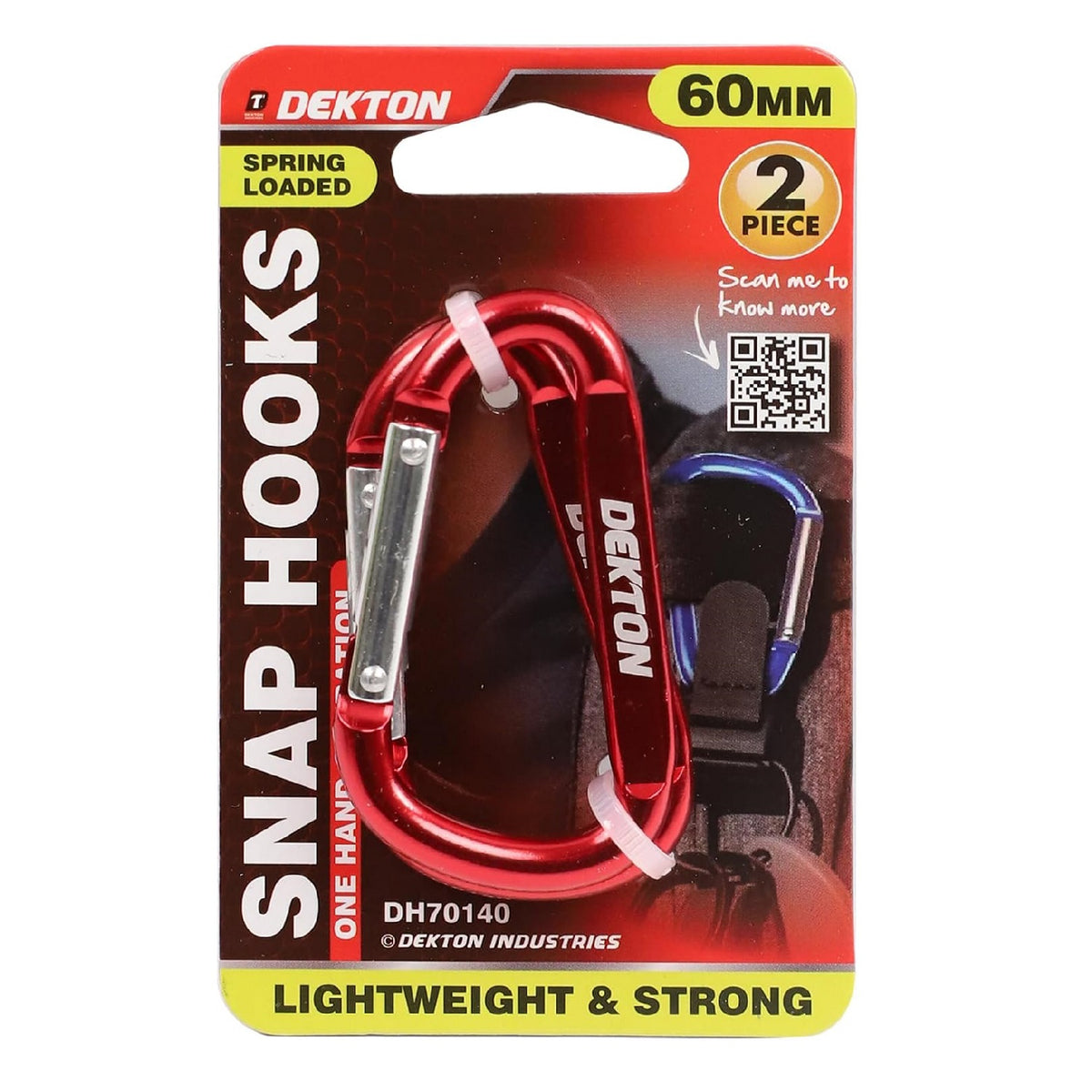 Dekton Spring Loaded Snap Hooks Red and Silver Medium 60mm Pack of 2 DH70140 | One Hand Operation | Max Weight - 40Kg | Lightweight and Strong | Waterproof | Rustproof | Durable | Made from Lightweight and Strong Aluminium | Self-Closing Mechanism | Ideal for Camping - For Attaching Items to Rucksacks - Etc.