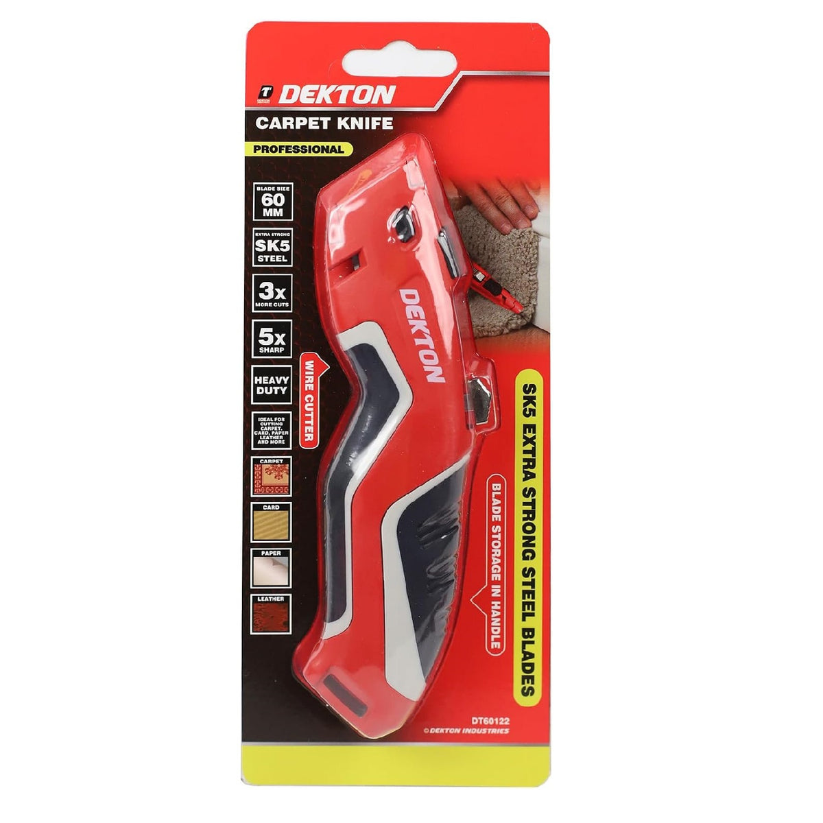 Dekton Professional Carpet Knife Red 60mm DT60122 | Extra Strong SK5 Steel | 3x More Cuts | 5x Sharp | Heavy Duty | Ideal for Cutting Carpet - Card - Paper - Leather and More | Retractable for Safety | Soft Touch Grip | Metal Body | Instant Blade Change System | Blades Storage in the Handle | Lightweight and Strong