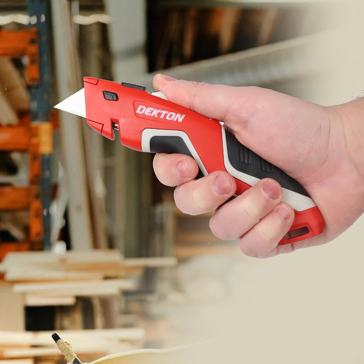 Dekton Professional Carpet Knife Red 60mm DT60122 | Extra Strong SK5 Steel | 3x More Cuts | 5x Sharp | Heavy Duty | Ideal for Cutting Carpet - Card - Paper - Leather and More | Retractable for Safety | Soft Touch Grip | Metal Body | Instant Blade Change
