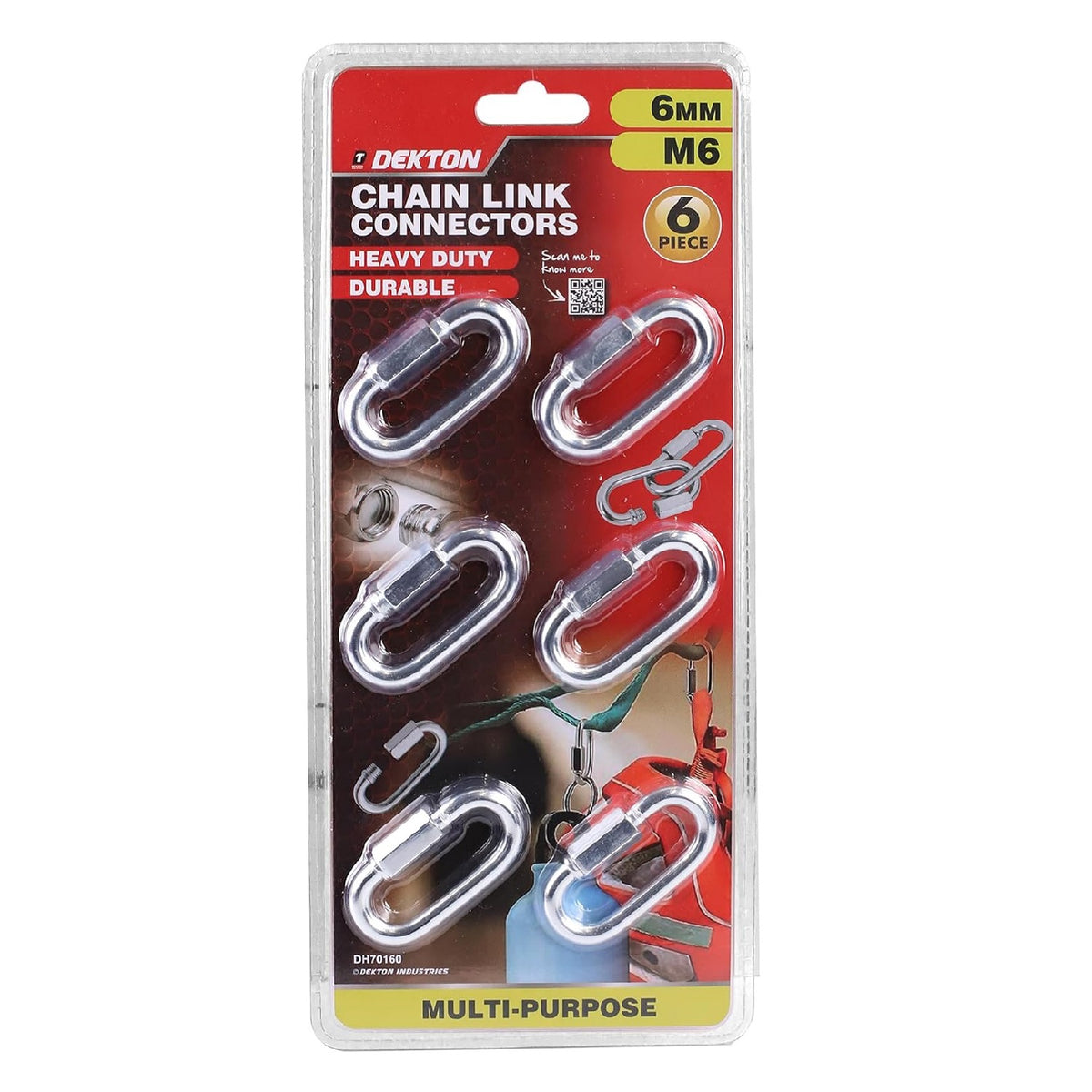 Dekton Chain Link Connectors Silver 6mm Pack of 6 DH70160 | Multi-Purpose | Heavy Duty | Durable | Threaded End and Hexagon Nut Ensures a Safe Connection | High Strength Steel Construction | Rust Resistant Stainless Steel | Ideal for Use with Swing Sets - Travel - Outdoor - Camping - Fishing - Hiking - Hanging and Multi-Purpose Use