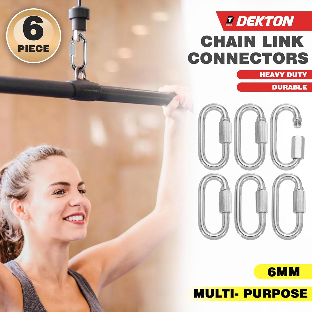 Dekton Chain Link Connectors Silver 6mm Pack of 6 DH70160 | Multi-Purpose | Heavy Duty | Durable | Threaded End and Hexagon Nut Ensures a Safe Connection | High Strength Steel Construction | Rust Resistant Stainless Steel | Ideal for Use with Swing Sets