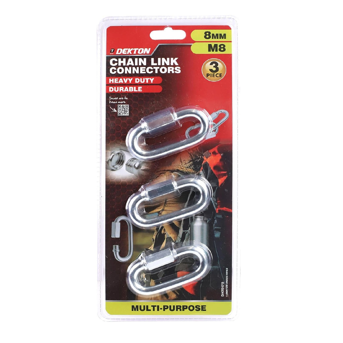 Dekton Chain Link Connectors Silver 8mm Pack of 3 DH70170 | Multi-Purpose | Heavy Duty | Durable | Threaded End and Hexagon Nut Ensures a Safe Connection | High Strength Steel Construction | Rust Resistant Stainless Steel | Ideal for Use with Swing Sets - Travel - Outdoor - Camping - Fishing - Hiking - Hanging and Multi-Purpose Use