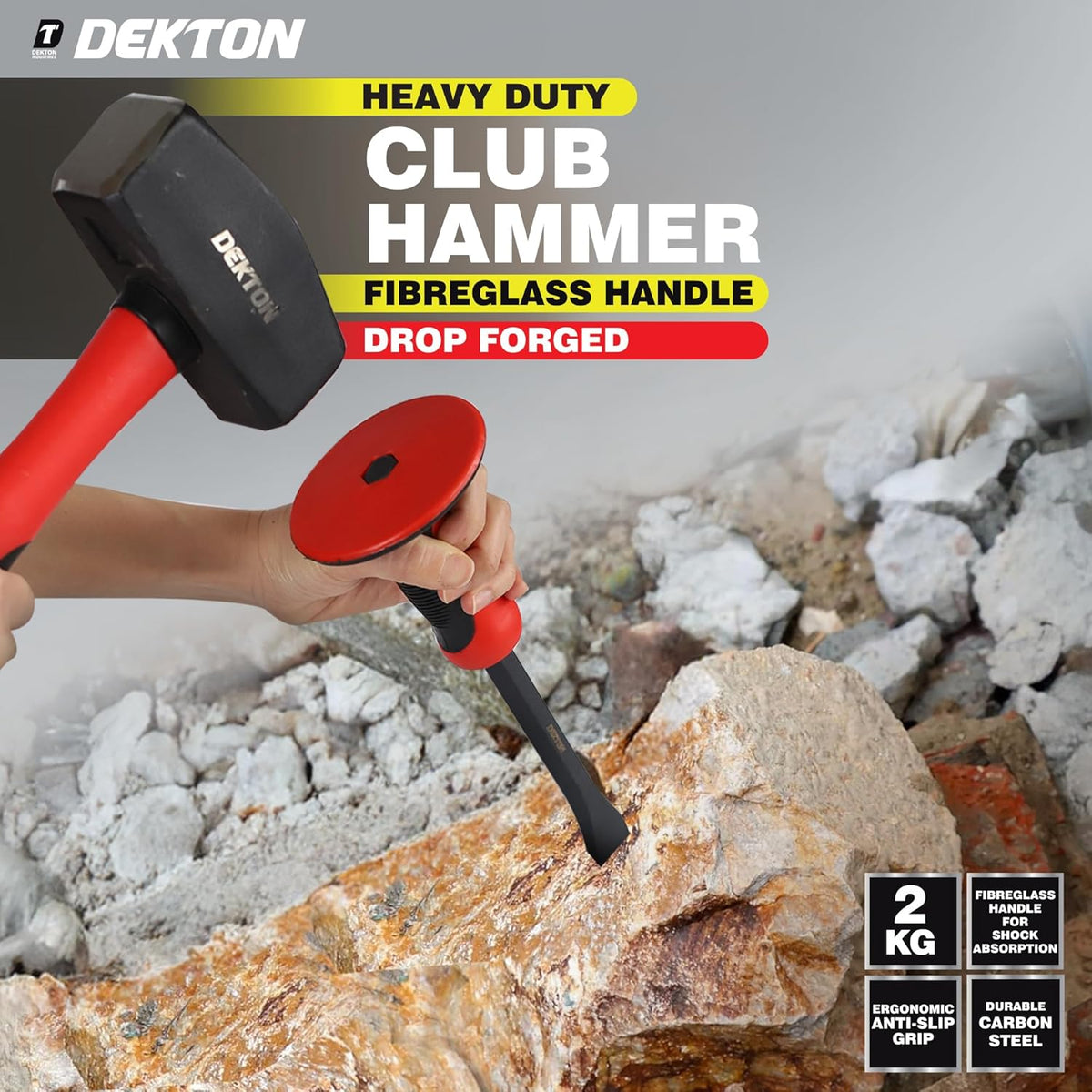 Dekton Club Hammer Red and Black H28.5cm 2kg DT10313 | Heavy Duty | Fibreglass Handle for Shock Absorption | Drop Forged | Ergonomic Anti-Slip Grip | Durable Carbon Steel