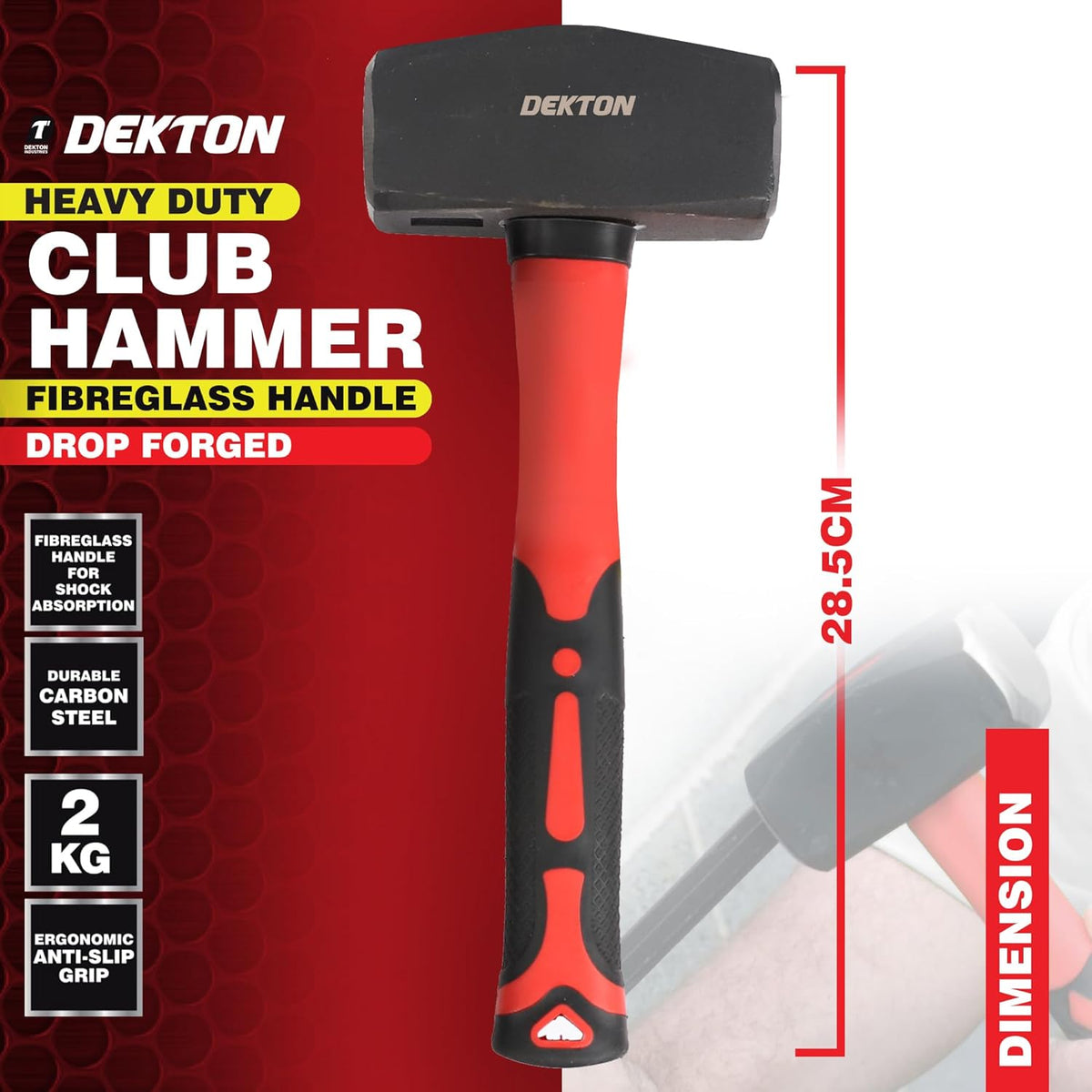 Dekton Club Hammer Red and Black H28.5cm 2kg DT10313 | Heavy Duty | Fibreglass Handle for Shock Absorption | Drop Forged | Ergonomic Anti-Slip Grip | Durable Carbon Steel