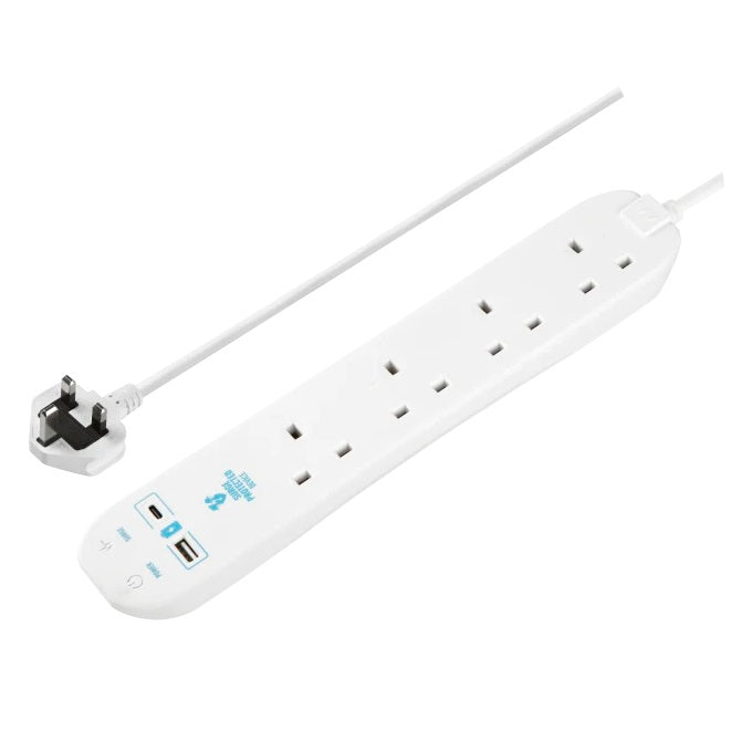 Masterplug 4 Socket Surge Protected Extension Lead White 4Mtr SRGUAC1044N | With USB A and C Port | Fast Charging | 10.5W Output | 13A Rated