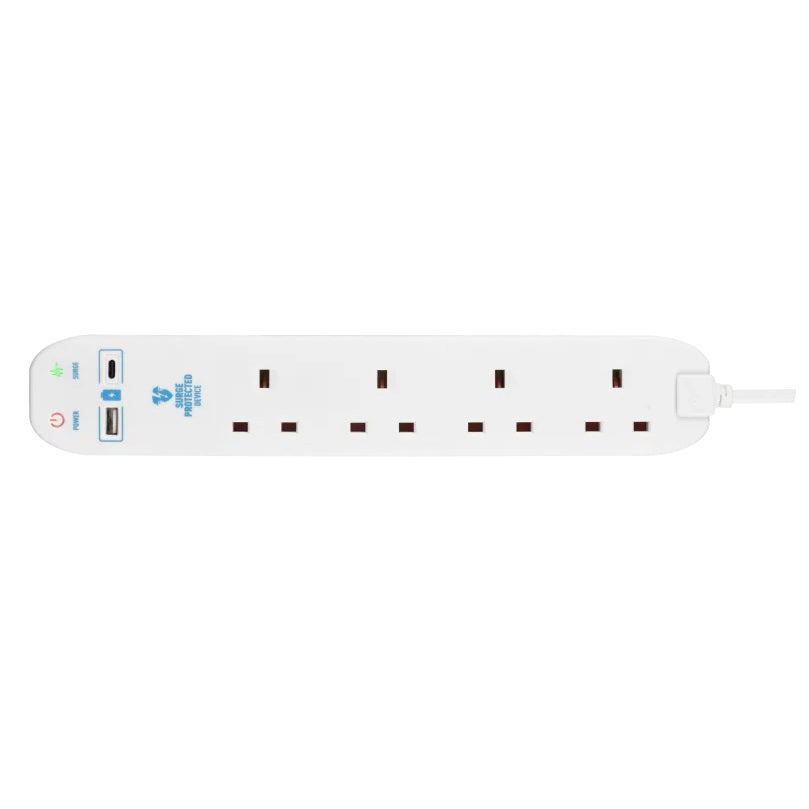Masterplug 4 Socket Surge Protected Extension Lead White 4Mtr SRGUAC1044N | With USB A and C Port | Fast Charging | 10.5W Output | 13A Rated