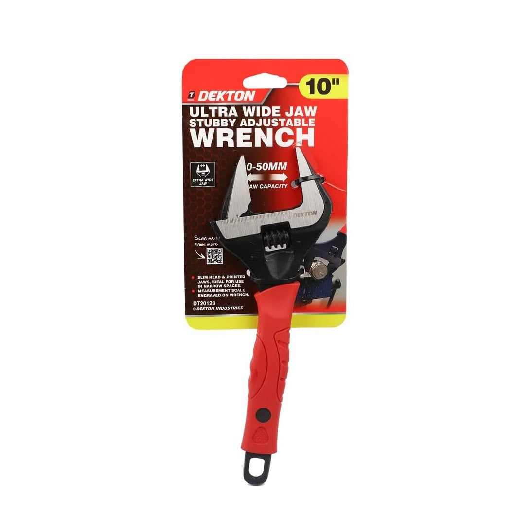 Dekton Ultra Wide Jaw Stubby Adjustable Wrench Red and Black 10-Inch DT20128 | 50mm Jaw Capacity | Slim Head for Tight Spaces | Soft Grip Handle | Measurement Scale Engraved on Wrench | Eyelet in Handle | Pointed Jaw