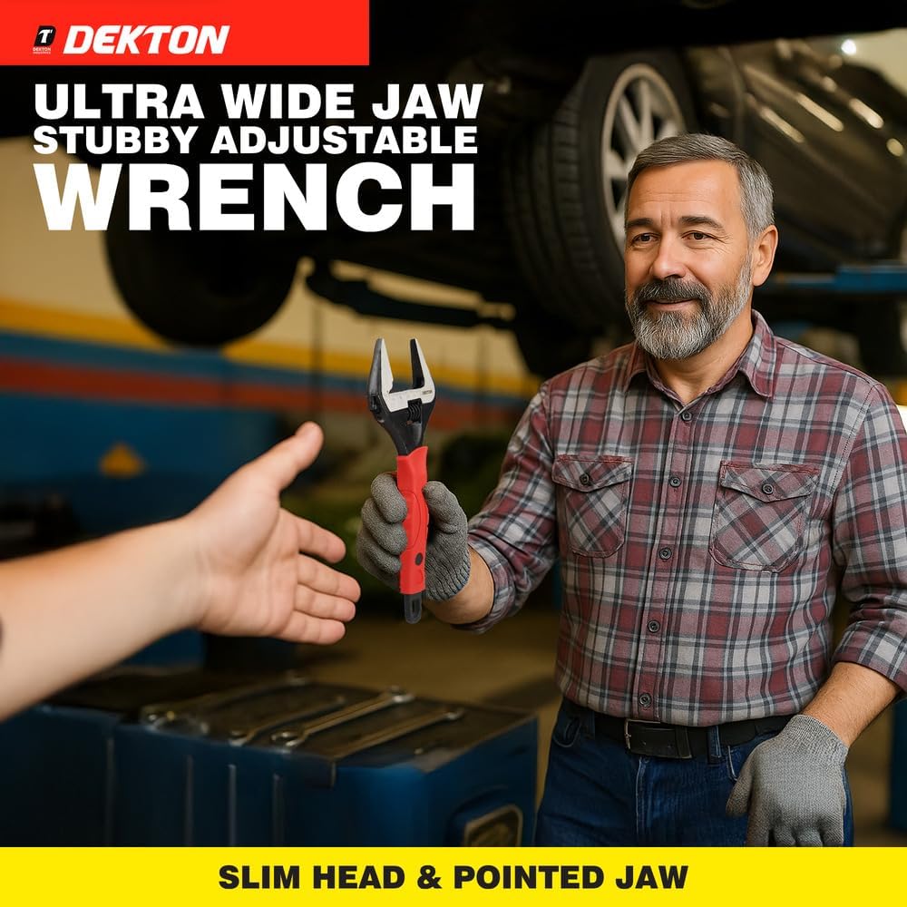Dekton Ultra Wide Jaw Stubby Adjustable Wrench Red and Black 10-Inch DT20128 | 50mm Jaw Capacity | Slim Head for Tight Spaces | Soft Grip Handle | Measurement Scale Engraved on Wrench | Eyelet in Handle | Pointed Jaw