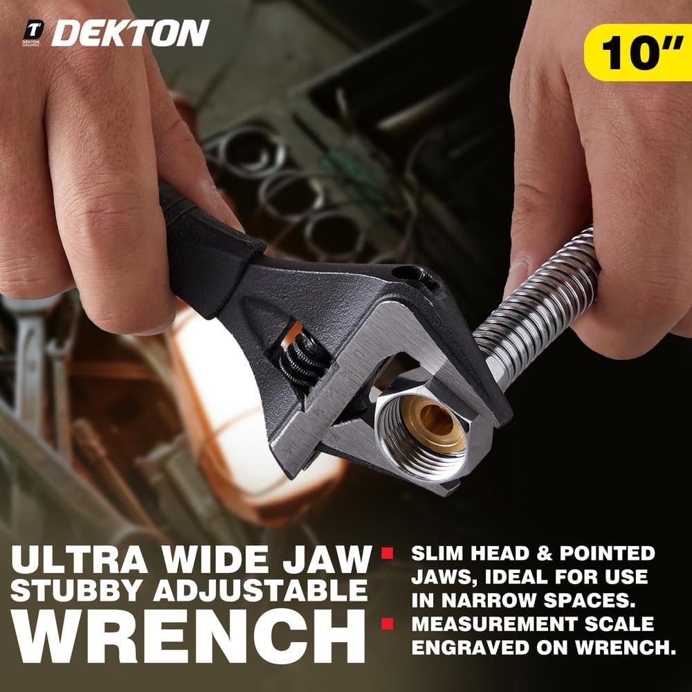 Dekton Ultra Wide Jaw Stubby Adjustable Wrench Red and Black 10-Inch DT20128 | 50mm Jaw Capacity | Slim Head for Tight Spaces | Soft Grip Handle | Measurement Scale Engraved on Wrench | Eyelet in Handle | Pointed Jaw
