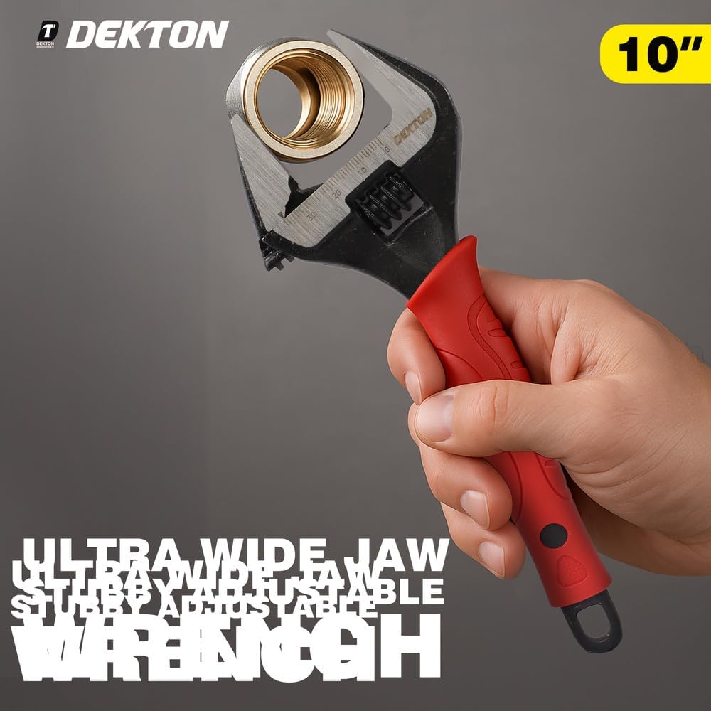 Dekton Ultra Wide Jaw Stubby Adjustable Wrench Red and Black 10-Inch DT20128 | 0mm–50mm Jaw Capacity | Slim Head for Tight Spaces | Soft Grip Handle | Measurement Scale Engraved on Wrench | Eyelet in Handle | Pointed Jaw