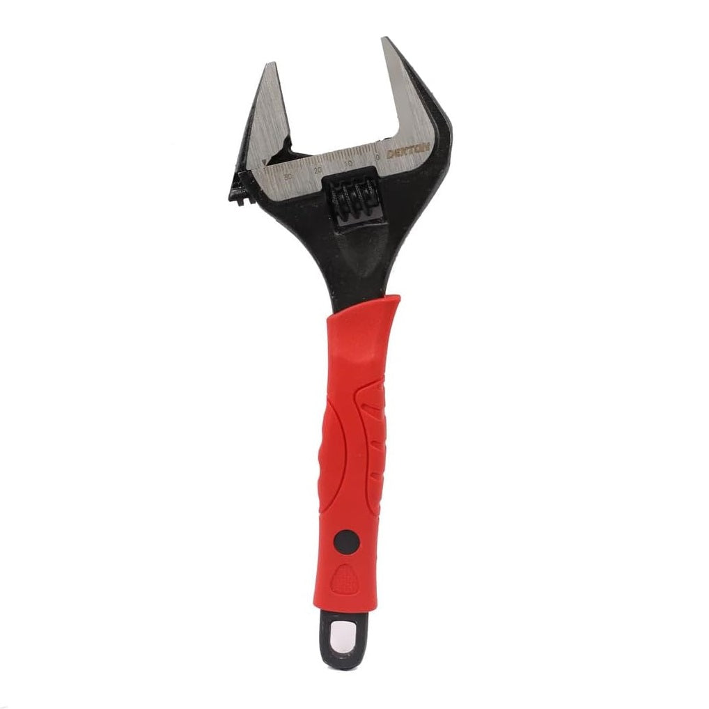 Dekton Ultra Wide Jaw Stubby Adjustable Wrench Red and Black 10-Inch DT20128 | 50mm Jaw Capacity | Slim Head for Tight Spaces | Soft Grip Handle | Measurement Scale Engraved on Wrench | Eyelet in Handle | Pointed Jaw