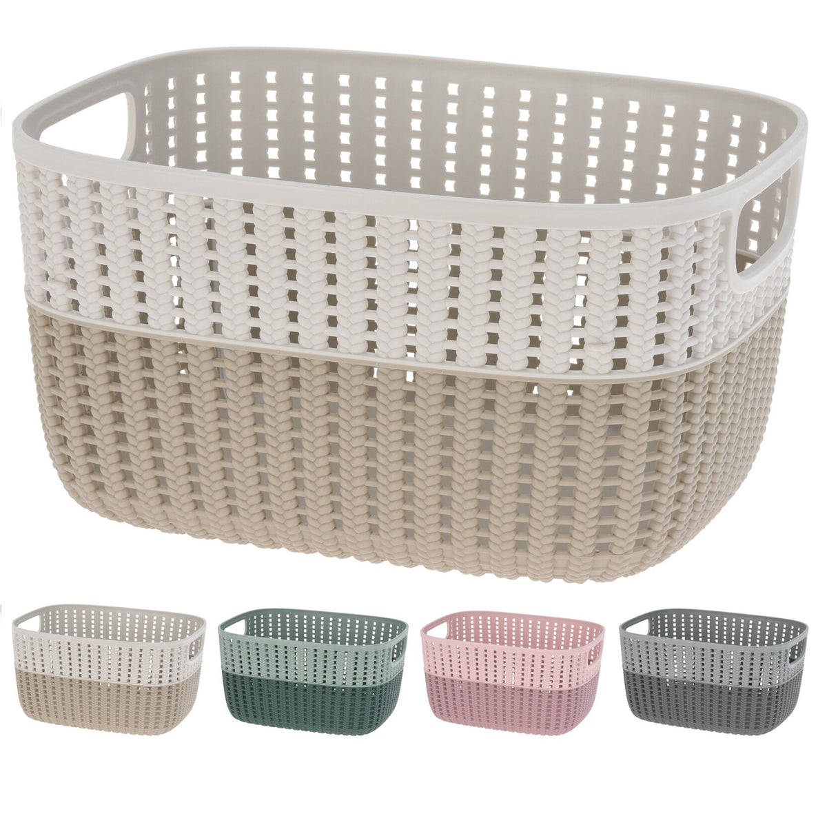 Duotone Plastic Woven Design Storage Baskets Assorted Colours 22cm x 28cm Pack of 1 030002050 | Durable Organizer Bins with Handles | Ideal for Toys-Laundry-Bathroom and Office Use