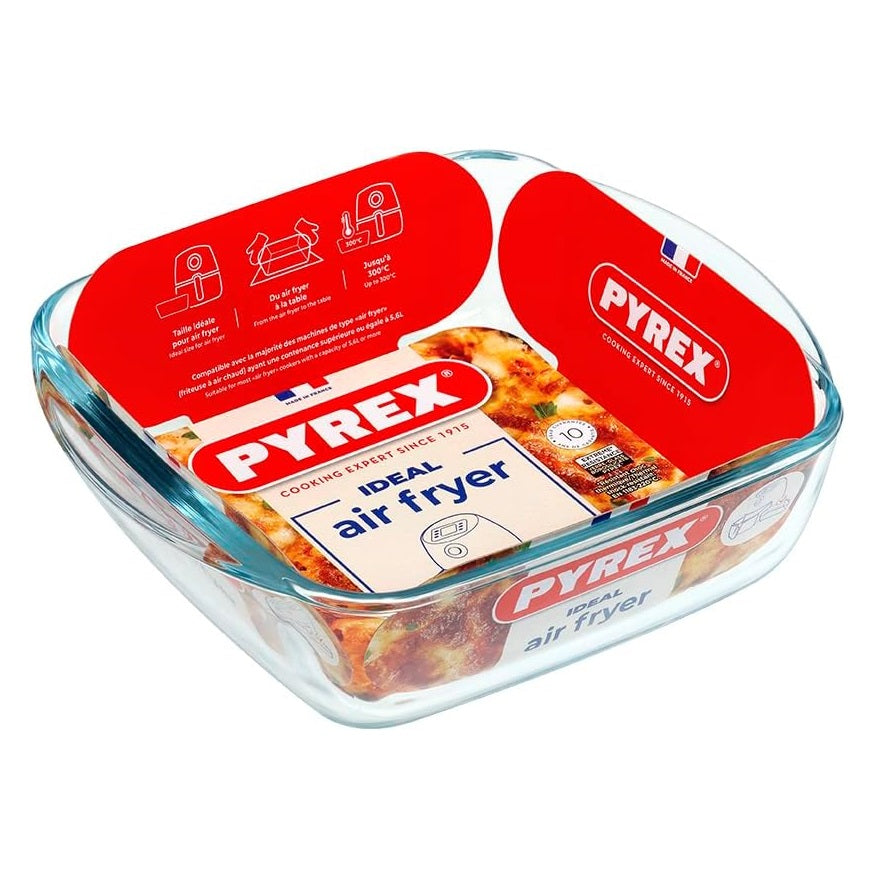 Pyrex Square Glass Roaster Dish for Air Fryer Clear 20cm x 17 x 6cm 1Ltr 211B100 | Borosilicate Glass Bakeware | Oven-Microwave and Dishwasher Safe | Thermal Shock Resistant | Ideal for 1–2 Servings