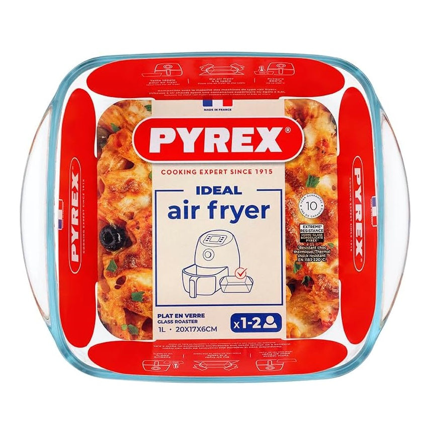 Pyrex Square Glass Roaster Dish for Air Fryer Clear 20cm x 17 x 6cm 1Ltr 211B100 | Borosilicate Glass Bakeware | Oven-Microwave and Dishwasher Safe | Thermal Shock Resistant | Ideal for 1–2 Servings