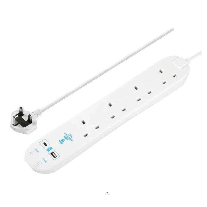 Masterplug 4 Socket Surge Protected Extension Lead White 2Mtr SRGUAC104210N | With USB A and C Port | Fast Charging | 10.5W Output | 13A Rated