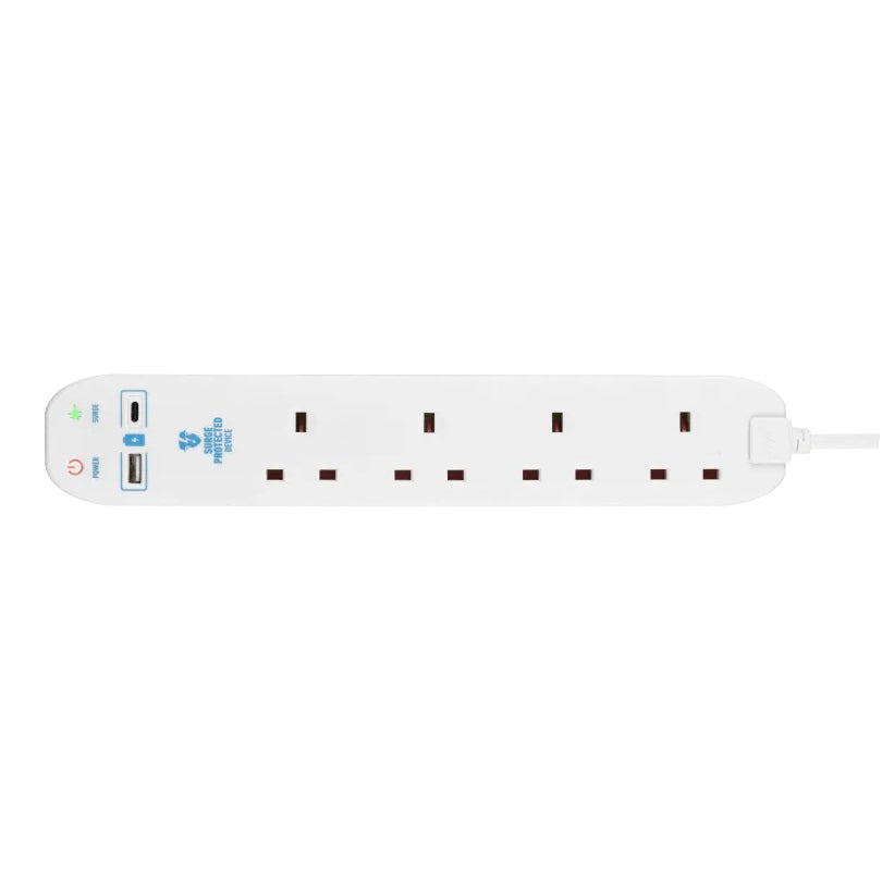 Masterplug 4 Socket Surge Protected Extension Lead White 2Mtr SRGUAC104210N | With USB A and C Port | Fast Charging | 10.5W Output | 13A Rated