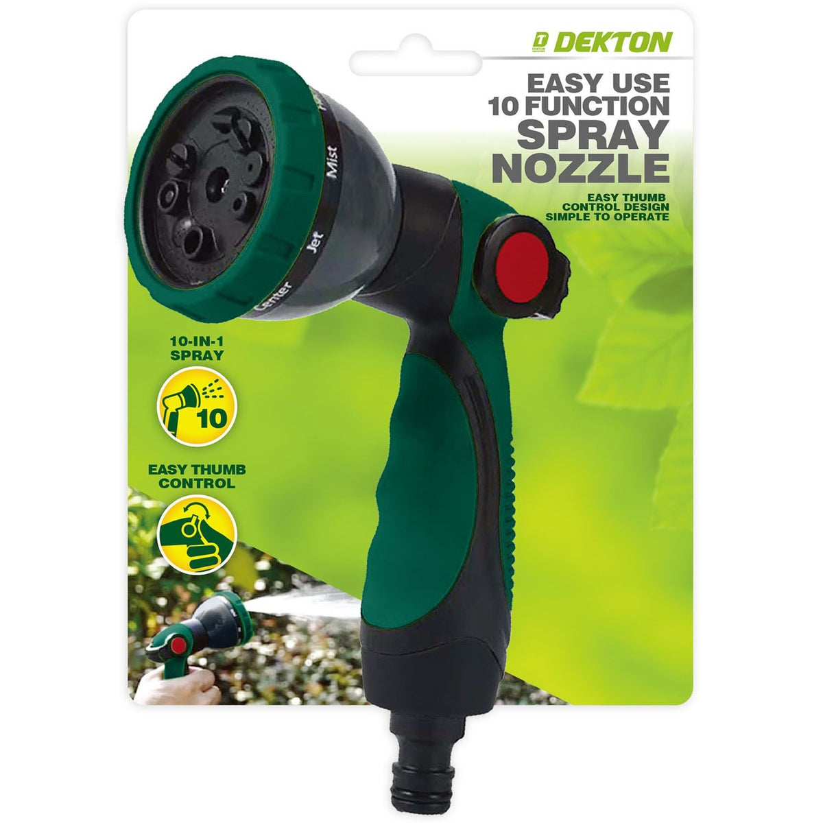 Dekton 10-Function Garden Spray Nozzle Green and Black DTG6150 | Multi-Pattern Hose Attachment | Easy Thumb Control | Ergonomic Grip | Jet-Mist-Shower-Centre and More | Simple to Operate