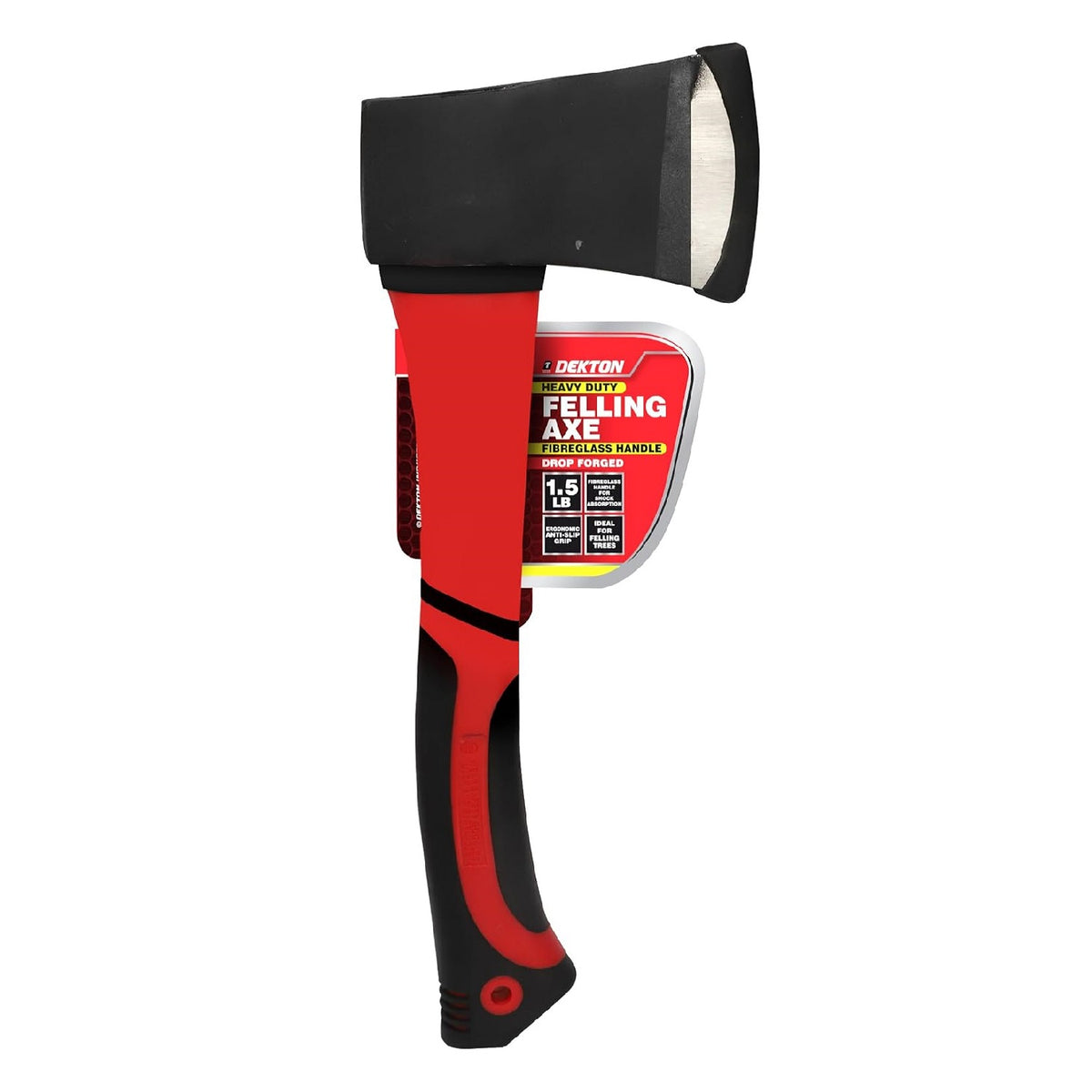 Dekton Felling Axe Red and Black 14cm x 36cm 1.5Lb DT10508 | Heavy Duty | Drop Forged | Fibreglass Handle for Shock Absorption | Ergonomic Anti-Slip Grip | Ideal for Felling Trees