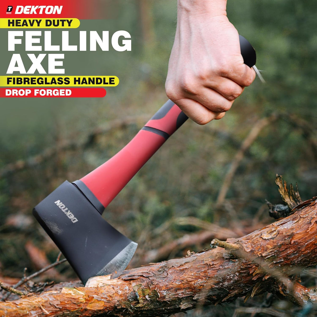 Dekton Felling Axe Red and Black 14cm x 36cm 1.5Lb DT10508 | Heavy Duty | Drop Forged | Fibreglass Handle for Shock Absorption | Ergonomic Anti-Slip Grip | Ideal for Felling Trees