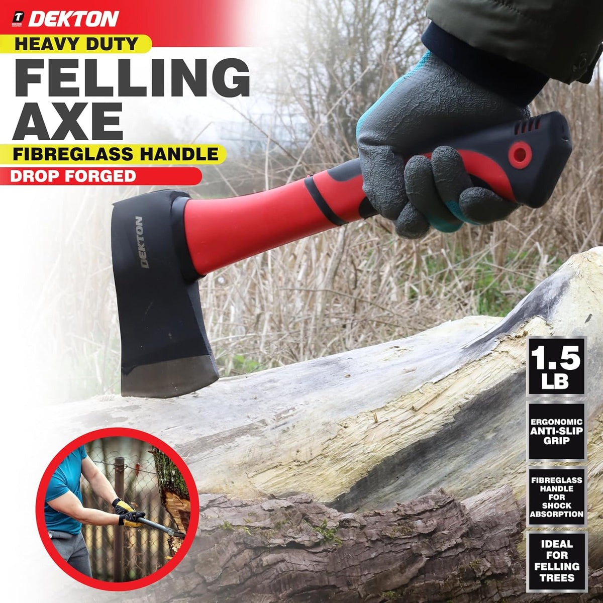 Dekton Felling Axe Red and Black 14cm x 36cm 1.5Lb DT10508 | Heavy Duty | Drop Forged | Fibreglass Handle for Shock Absorption | Ergonomic Anti-Slip Grip | Ideal for Felling Trees