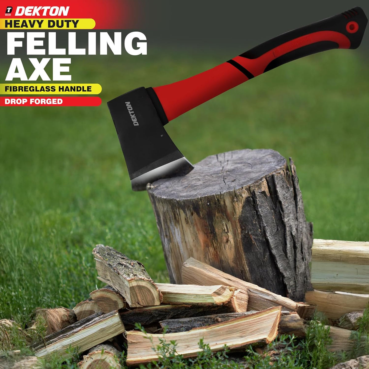 Dekton Felling Axe Red and Black 14cm x 36cm 1.5Lb DT10508 | Heavy Duty | Drop Forged | Fibreglass Handle for Shock Absorption | Ergonomic Anti-Slip Grip | Ideal for Felling Trees