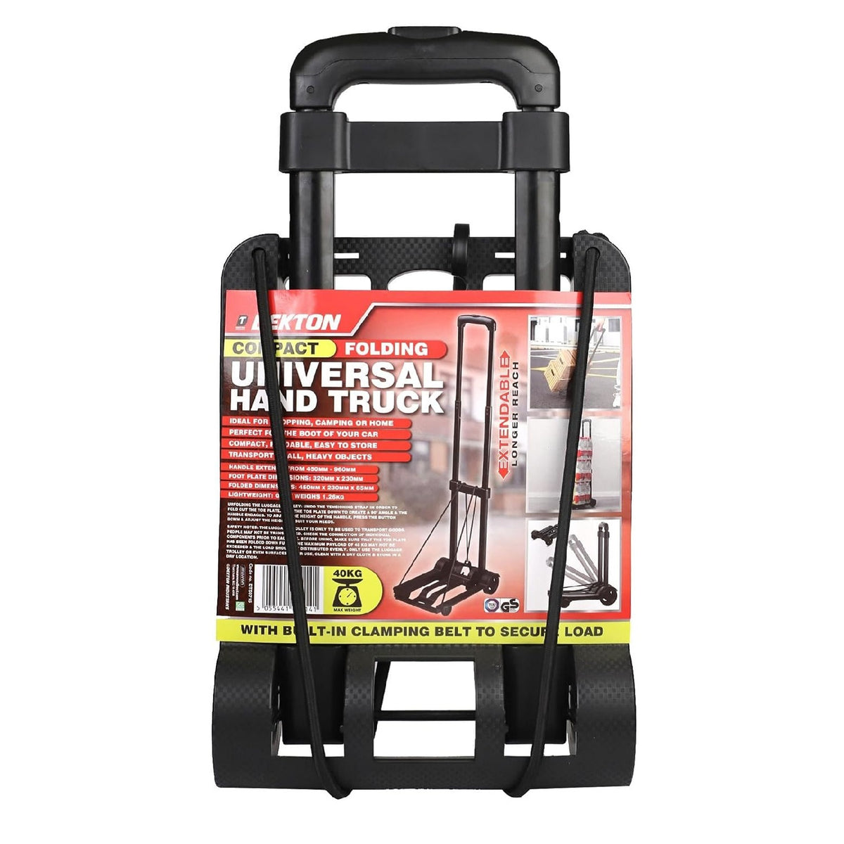 Dekton Universal Hand Truck Black 40Kg DT50715 | Compact Folding | Extendable | With Built-In Clamping Belt to Secure Load | Ideal for Shopping - Camping or Home | Perfect for the Boot of your Car