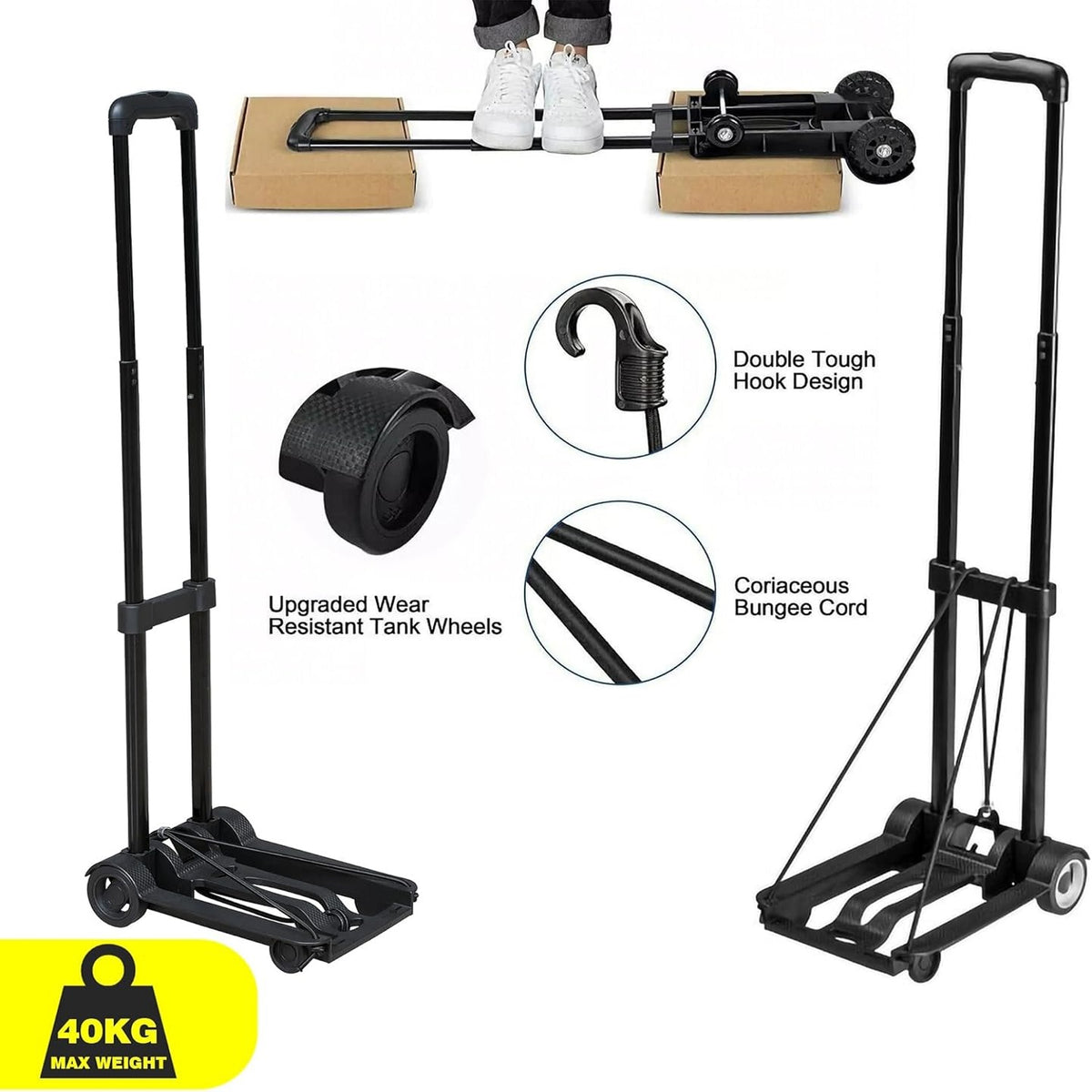 Dekton Universal Hand Truck Black 40Kg DT50715 | Compact Folding | Extendable | With Built-In Clamping Belt to Secure Load | Ideal for Shopping - Camping or Home | Perfect for the Boot of your Car