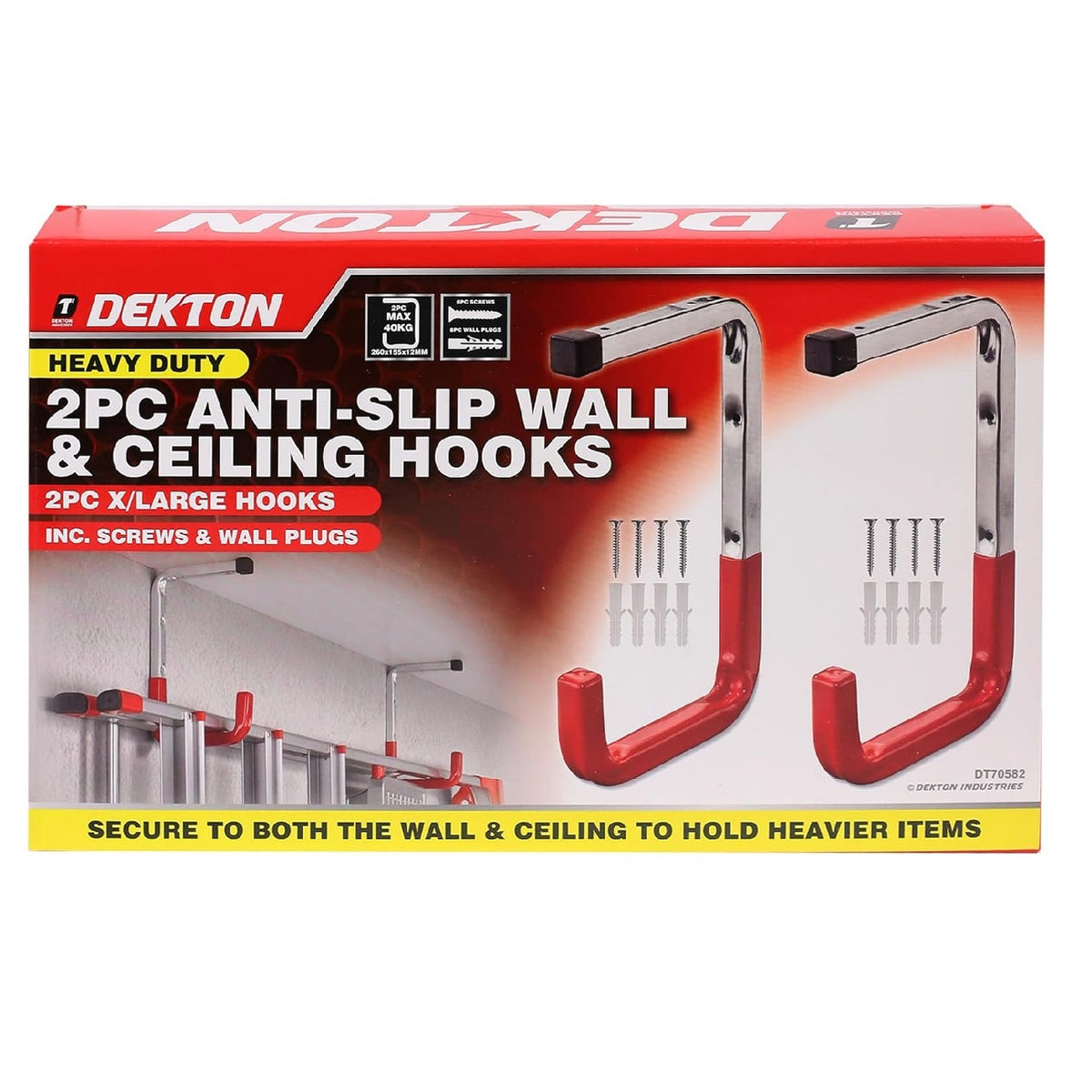 Dekton Anti-Slip Wall and Ceiling Hooks Silver and Red Extra Large 260mm x 155mm x 12mm Pack of 2 DT70582 | Heavy Duty | Includes Screws and Wall Plugs | Secure to Both the Wall and Ceiling to Hold Heavier Items | Max 40Kg