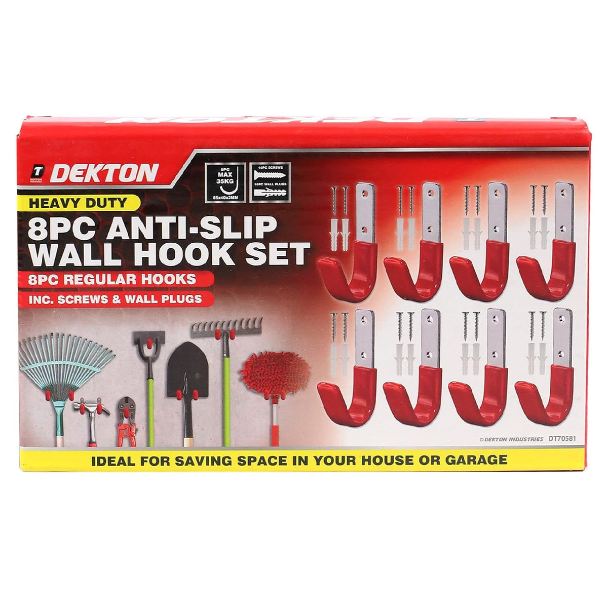 Dekton Anti-Slip Wall Hook Set Silver and Red 85mm x 40mm x 3mm Pack of 8 DT70581 | Heavy Duty | Includes Screws and Wall Plugs | Ideal for Saving Space in Your House or Garage | Max 35Kg
