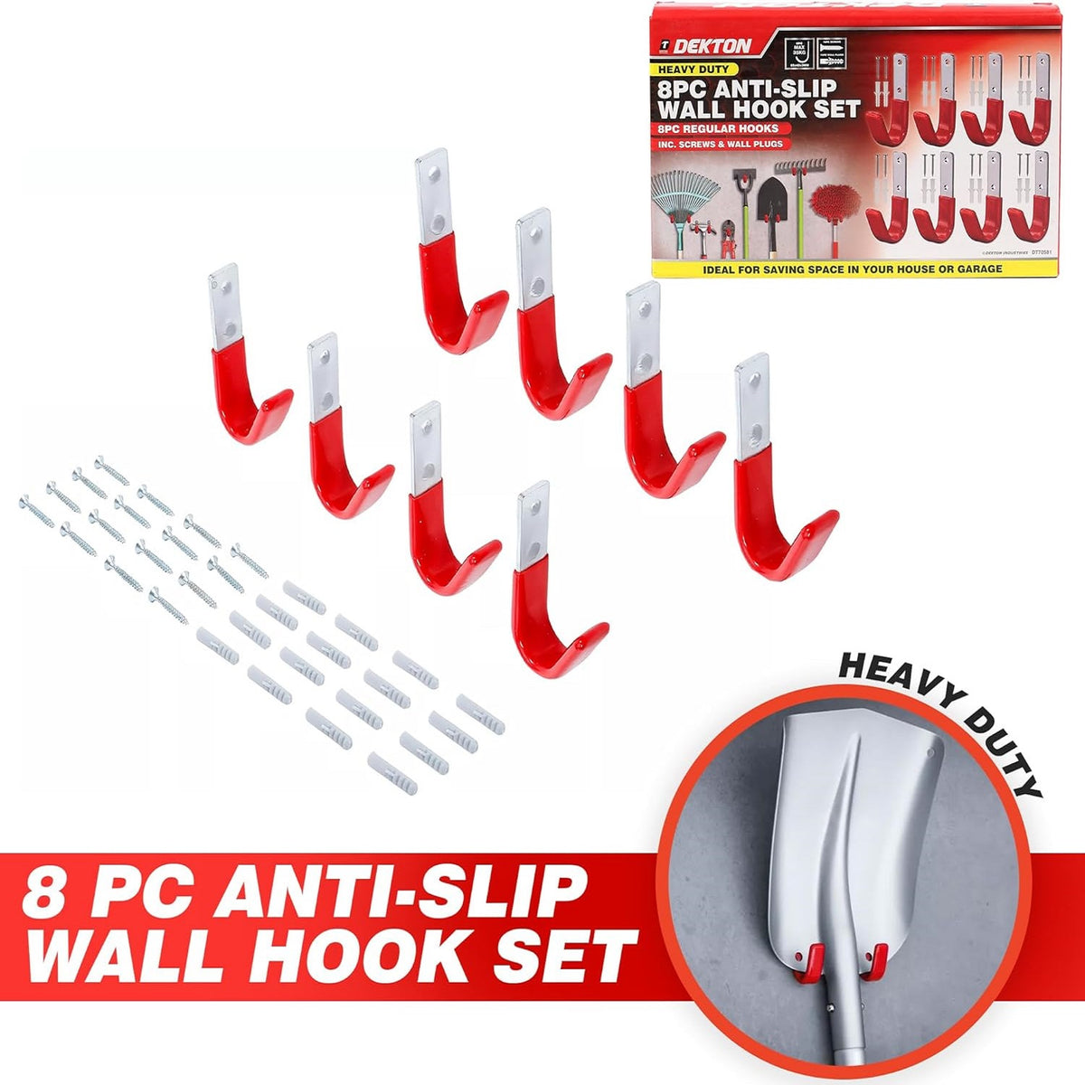 Dekton Anti-Slip Wall Hook Set Silver and Red 85mm x 40mm x 3mm Pack of 8 DT70581 | Heavy Duty | Includes Screws and Wall Plugs | Ideal for Saving Space in Your House or Garage | Max 35Kg