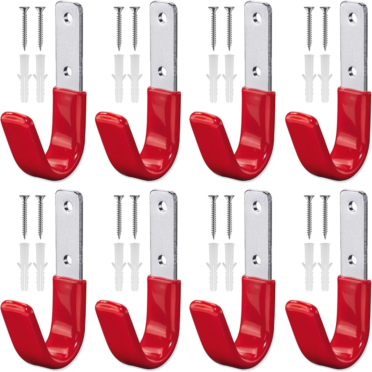 Dekton Anti-Slip Wall Hook Set Silver and Red 85mm x 40mm x 3mm Pack of 8 DT70581 | Heavy Duty | Includes Screws and Wall Plugs | Ideal for Saving Space in Your House or Garage | Max 35Kg